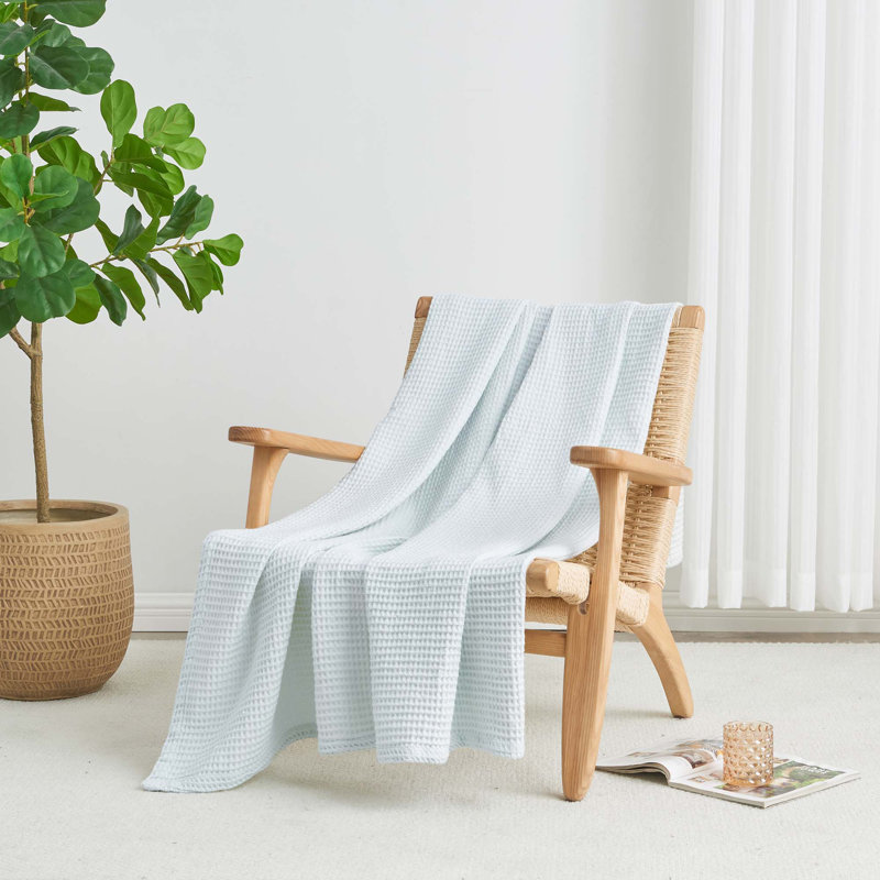Couverture 100% coton gaufré Minali, Double/grand, Bleu givré