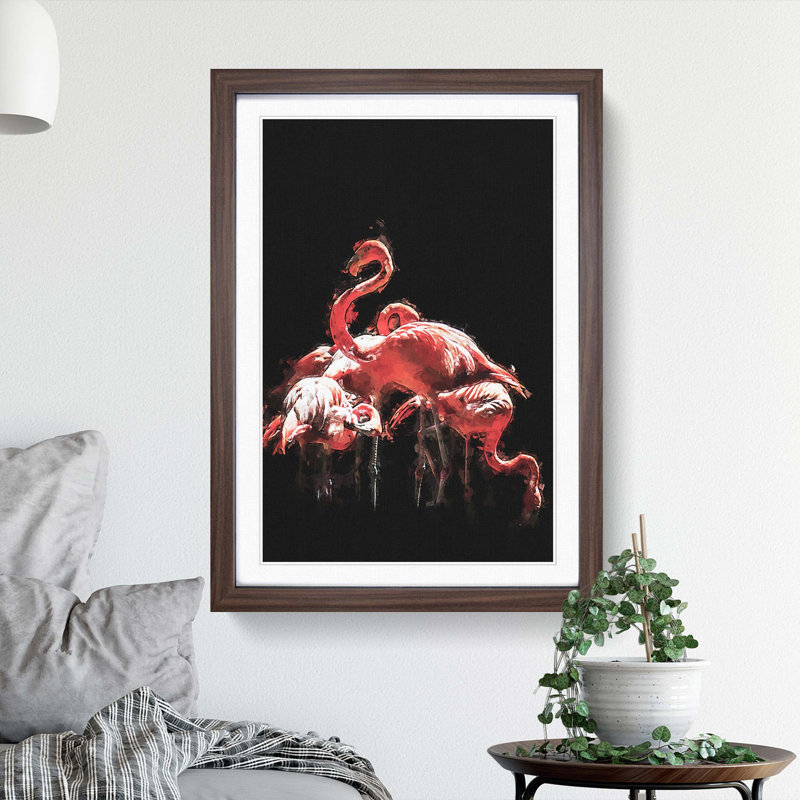Pink Flamingos in Abstract - Framed Print, 91cm H x 60cm W x 2cm D, Walnut
