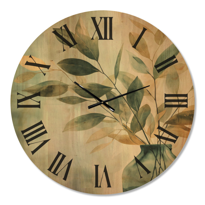 Feuilles dorées dans un vase en verre I - Horloge murale ronde scandinave verte, imprimée sur bois, Extra Large