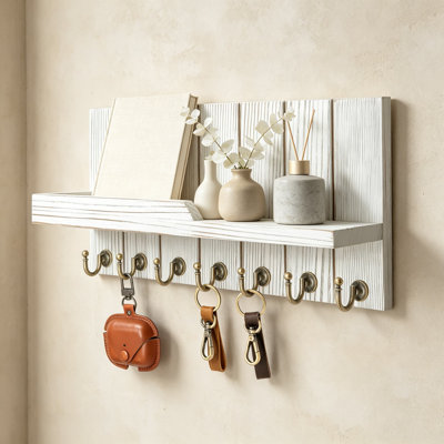 Porte-clés mural avec tablette, porte-clés en bois patiné pour le vestibule, organisateur de décoration de maison de campagne avec crochets pour clés, courrier et petits objets