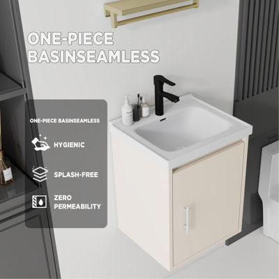 16" Floating Bathroom Vanity Combo, Wall Mounted Solid Plywood Cabinet with Ceramic Sink & Soft-Close Doors for Small Bathrooms, Khaki