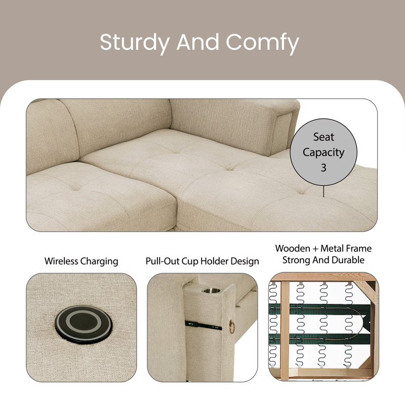 Gueda Upholstered L-Shaped Sectional Right Hand Facing, Beige Polyester Blend