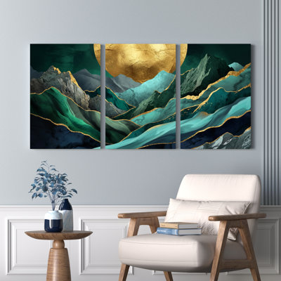 Ensemble de 3 tableaux abstraits de paysages de montagne avec des accents dorés, à accrocher au mur, pour la décoration du salon et de la chambre.
