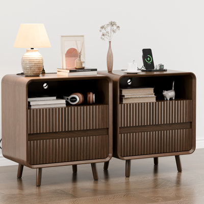 Walnut Nightstands set of 2, 25" Tall Fluted Nightstand with Charging Station, 23.6'' Wide Wood Bedside Table w/2 Storage Drawers, Large Mid Century End Table for Bedroom