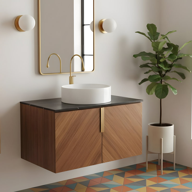 Meuble-lavabo mural 30 po avec portes doubles et lavabo rond blanc, 30"