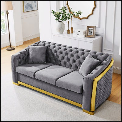 Velvet Luxury Chesterfield Sofa Set with Tufted 3-Seat Couch and Gold Stainless Steel Legs, Perfect for Elegant Living Rooms