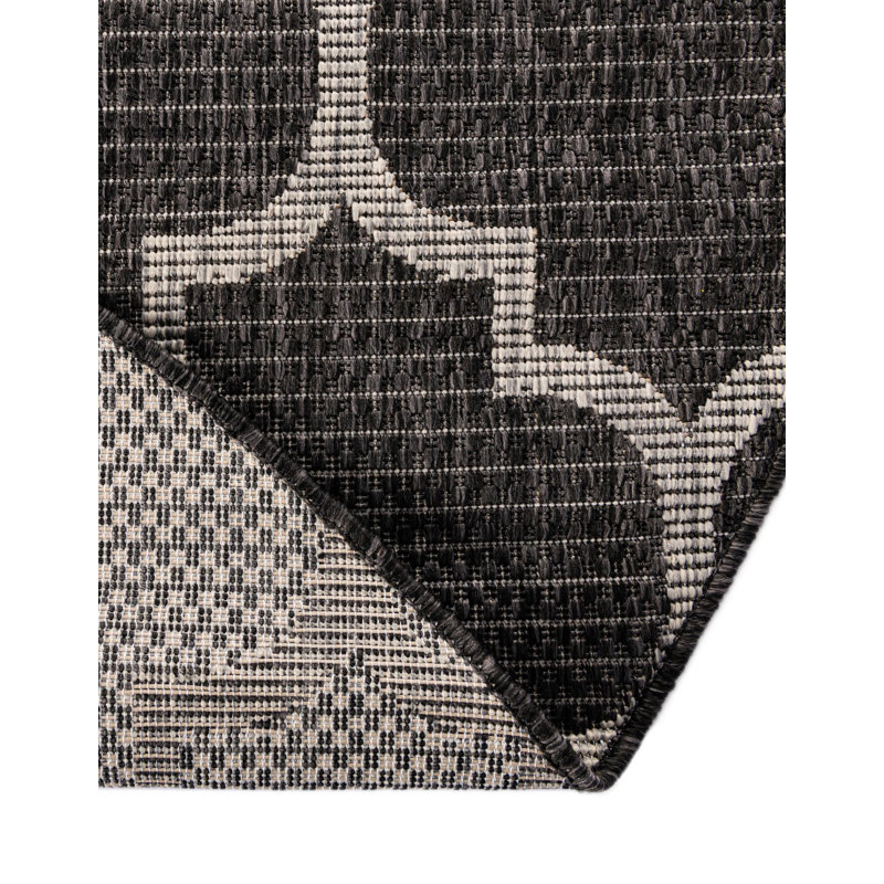 Bartman Geometric Black/Beige Indoor/Outdoor Area Rug, Round 6'1"