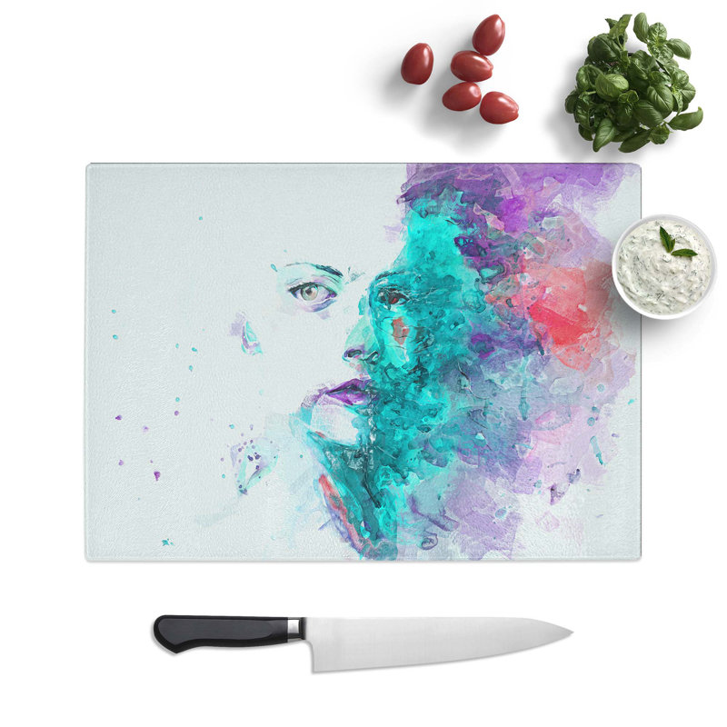 Tempered Glass a Woman Contemplating Chopping Board, 39 cm W x 28.5 cm L
