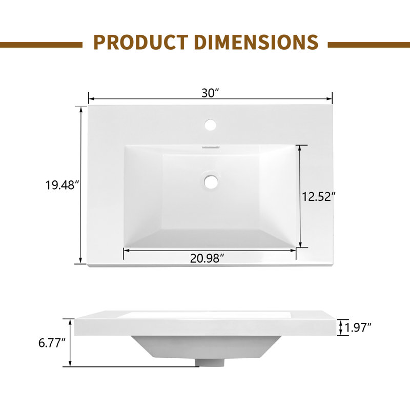 Évier intégré en résine 30 po à trou unique blanc pour meuble-lavabo à simple évier