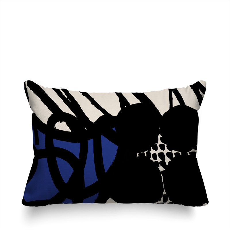 Coussin rectangulaire intérieur / extérieur Aloe, H 14 po x l 20 po, Bleu marine / noir / blanc cassé