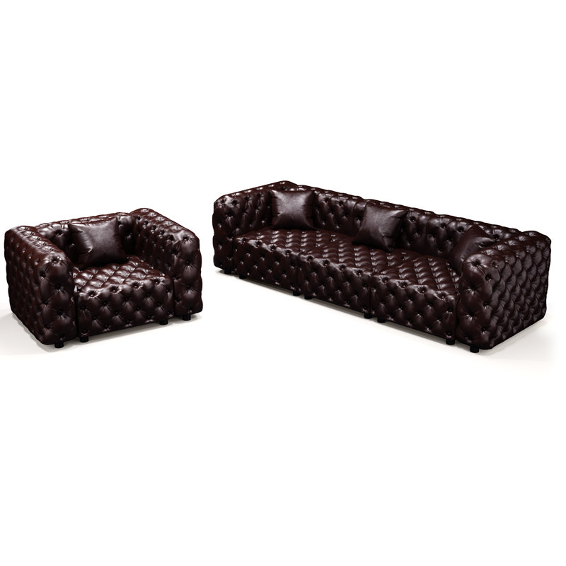Ensemble de canapé modulaire rembourré en similicuir 2 pièces, design capitonné, Marron foncé