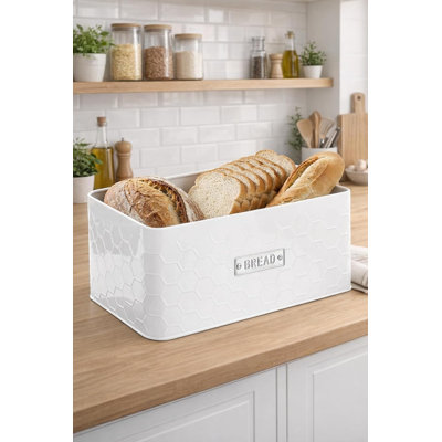 Boîte à pain pour comptoir - Grand bac à pain en métal blanc avec couvercle en planche à découper en bambou, contenant de rangement pour le pain maison de campagne, boulangerie et comptoir de cuisine