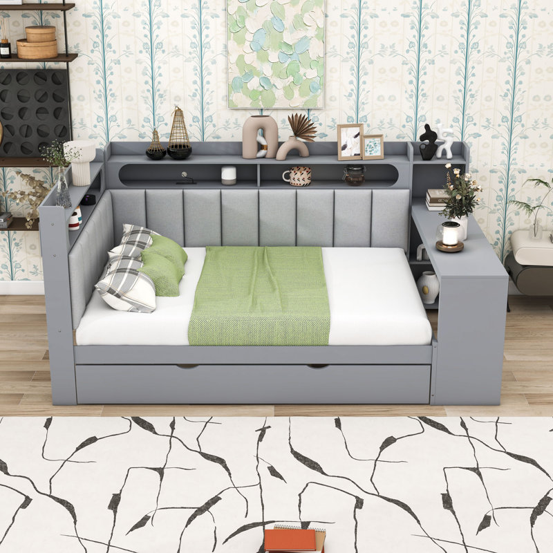 Full Wooden Daybed with Desk, Trundle, LED Light and USB Ports, Gray