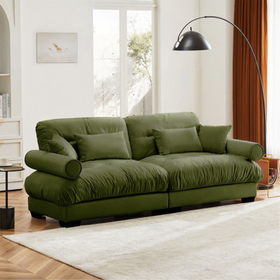 Large Size Modern Two-Seater Sofa With Bolstered Armrests,Velvet 2-Seater Sofa With Waist Pillows And Throw Pillows , Suitable For Living Room , Loft, Working Spaces , Hallway And Bedroom,Olive Green