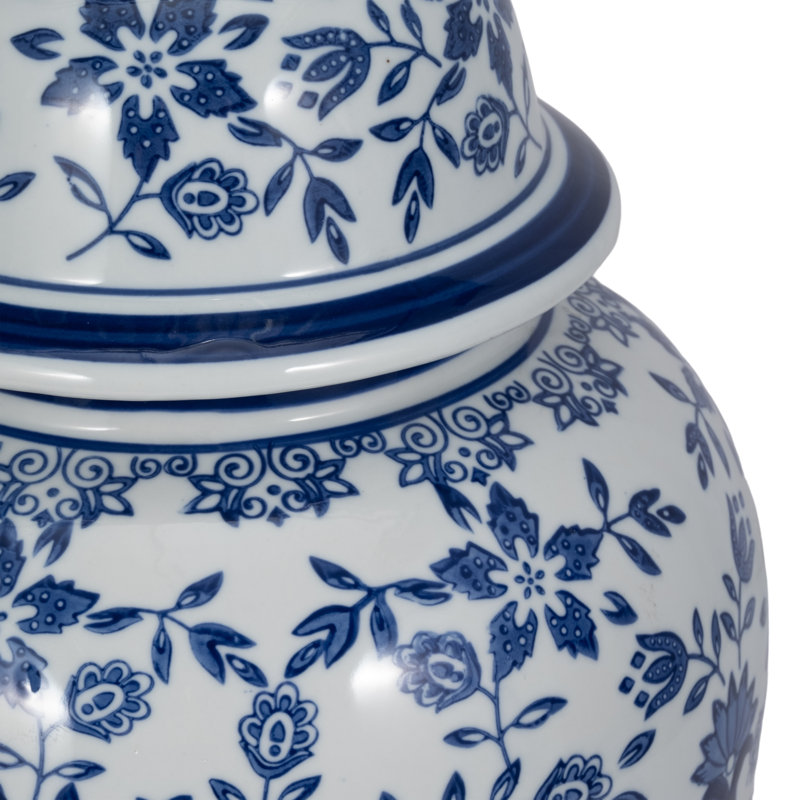Pot Jimerso avec motif floral bleu et blanc et couvercle amovible , H 18 po x l 9,5 po x P 9,5 po