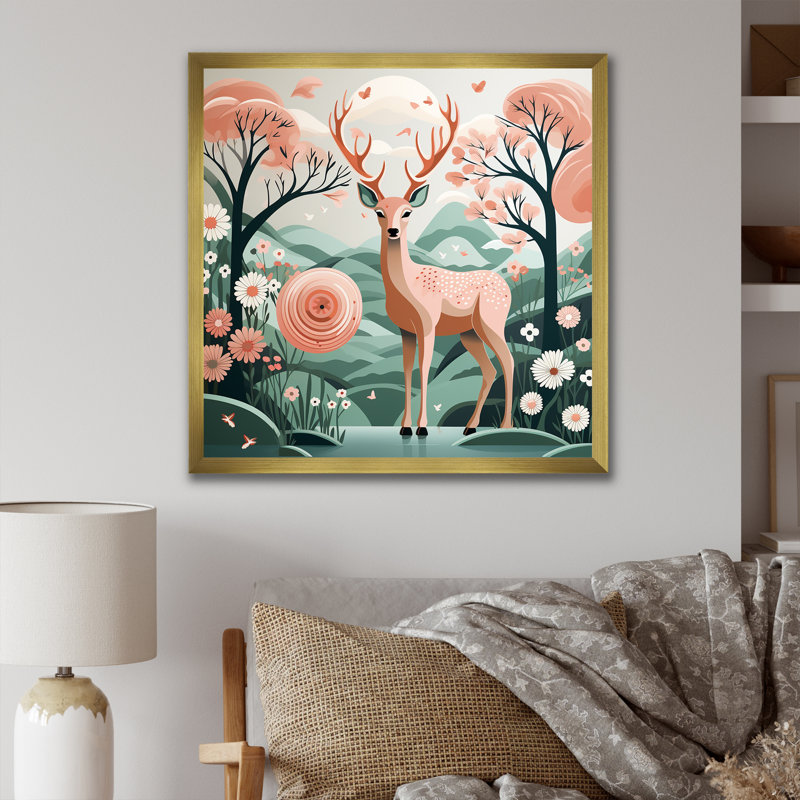 Fleur, cerf dans la faune Meadows II - art mural animal cerf, H 16 po x l 16 po x P 1 po, Encadrement doré