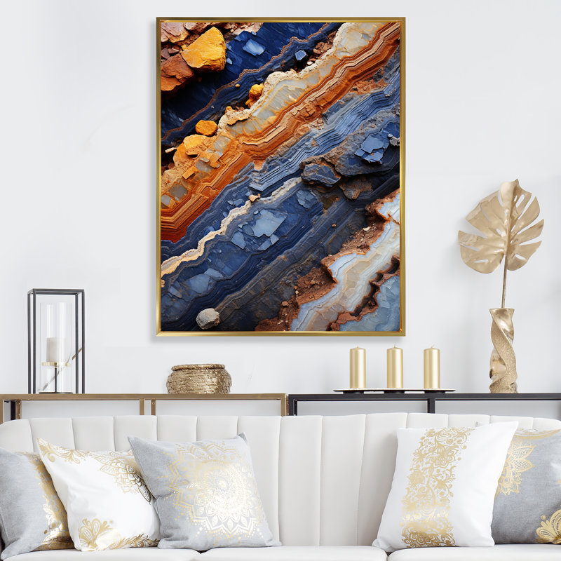 Tourmaline bleue et orange - art mural pierre géode, Cadre flottant doré, H 32 po x l 24 po x P 1 po