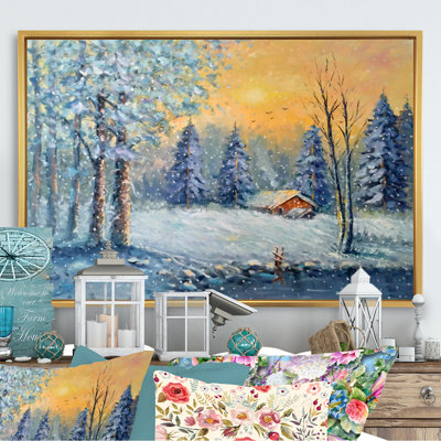 «Cottage In Forest pendant Noël», reproduction sur toile flottante