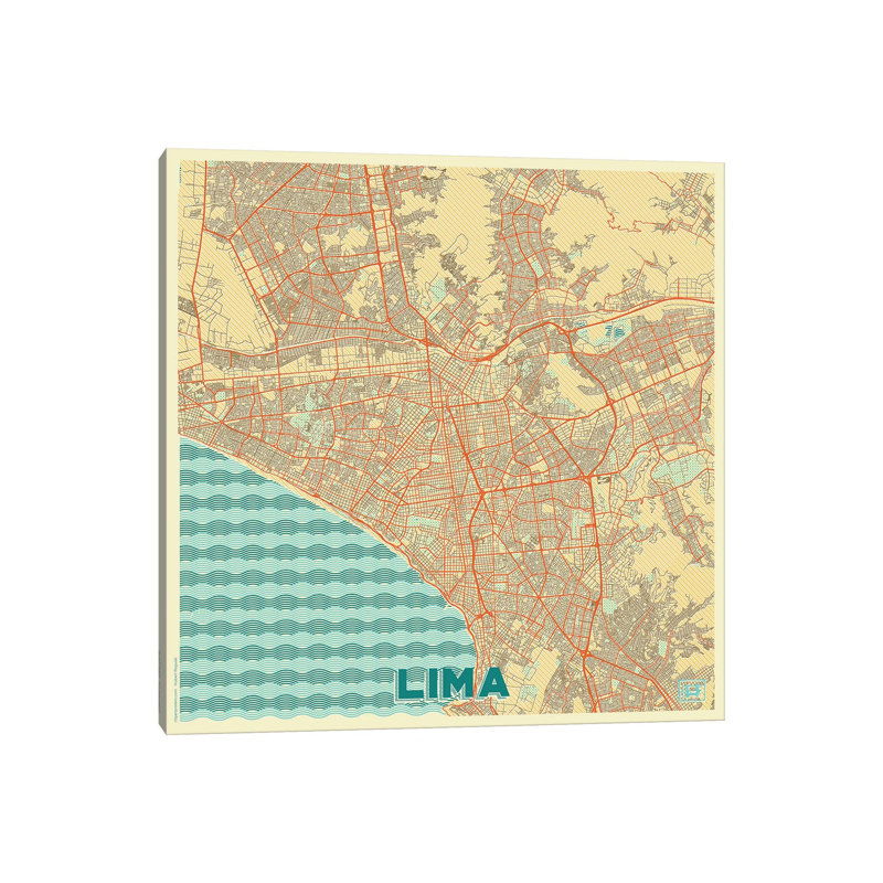 Lima Retro Urban Blueprint Map 1 Piece Wrapped Canvas Wall Art, 45.72 cm H x 45.72 cm W x 1.91 cm D
