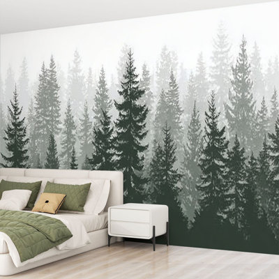 Papier peint adhésif pelez et collez, forêt, vue panoramique, paysage de pin, épinette, silhouette, art mural auto-adhésif et amovible