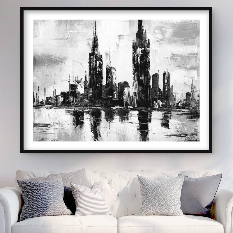 Paysage urbain urbain mono - imprimé mat noir encadré, H 36 po x l 48 po, Noir