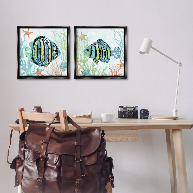  «Aquatic Striped Fish», ensemble de 2 toiles flottantes encadrées par Carol Robinson, Cadre flottant noir de jais