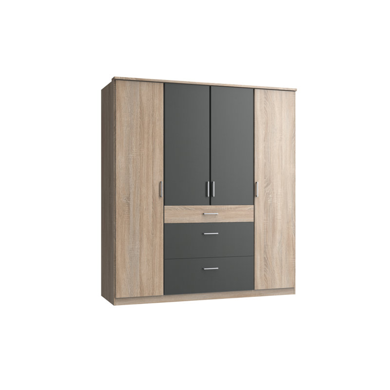 Arango 4 Door Manufactured Wood Wardrobe, Rough sawn oak/Graphite