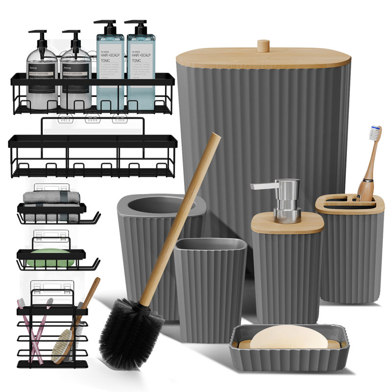 Ensemble complet d'accessoires de salle de bain 11 pièces avec accents en bambou, poubelle, brosse de toilette et 5 paniers de douche inclus