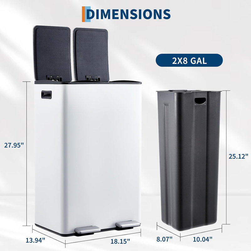 Poubelle double 16 gallons pour la cuisine, poubelle en acier inoxydable 2 x 30 L avec couvercle, double compartiment et seau intérieur, poubelle à pédale en métal et poubelle combinée, pour le bureau à domicile