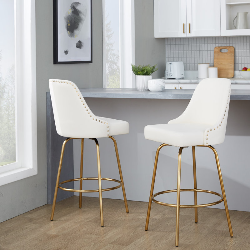 Tabouret de comptoir à hauteur fixe cloutée 27 po avec pieds en métal et repose-pieds rond Marcel, Doré, Blanc