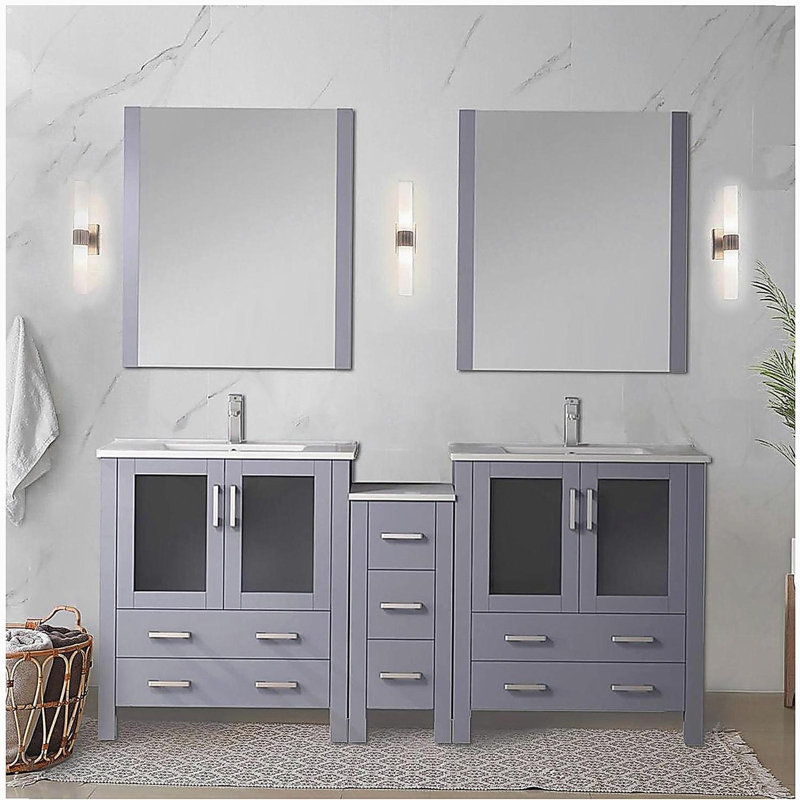 Double cuve de comptoir de salle de bain double avec armoire latérale, ensemble de robinet, comptoir en céramique et miroir