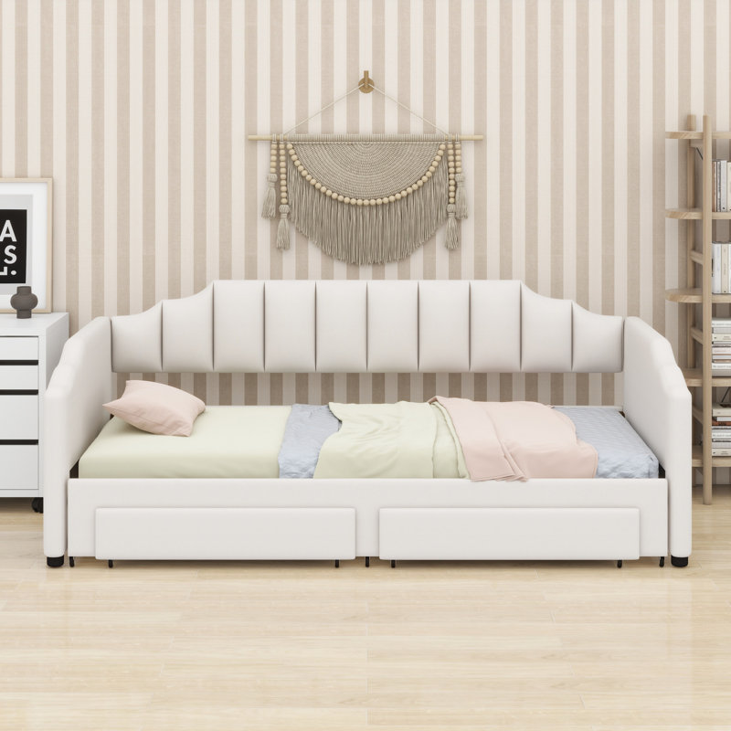 Lit de jour rembourré extensible avec tiroirs de rangement et lumière DEL, Beige