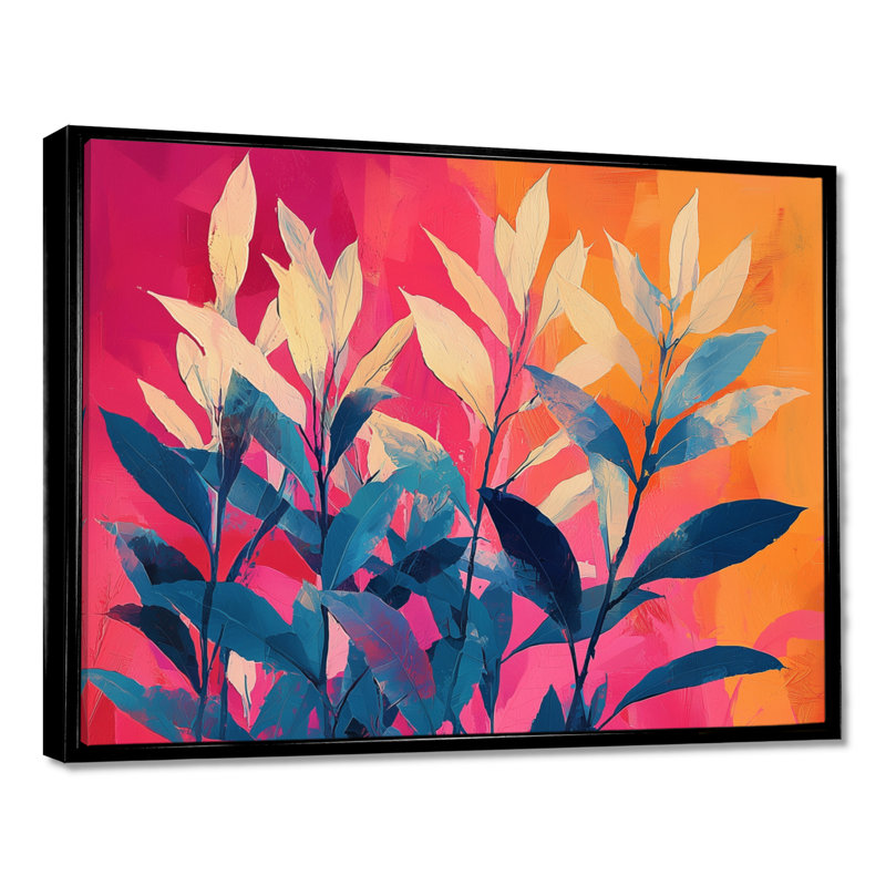 Jungle électrique en couleurs néon Pop Art I - plantes, art mural, 24" H x 32" W, Black Floater Framed