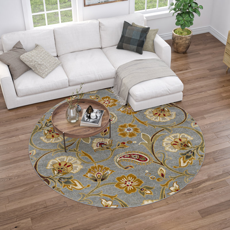 Tapis gris à motif floral Chichaoua, Ronde 5 pi 3 po