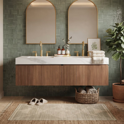Meuble-lavabo mural moderne 60 po avec plateau en pierre frittée blanc Carrara et éviers en céramique, armoire de rangement en contreplaqué avec 2 tiroirs et 2 portes (grain de bois de chêne brun)