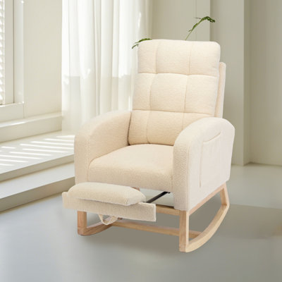 Nursery Rocking Chair with Adjustable Footrest for Living Room,Teddy Fabric Rocking Chair with Solid Wooden Legs,Comfortable Lounge Armchair with Side Pockets and High Backrest