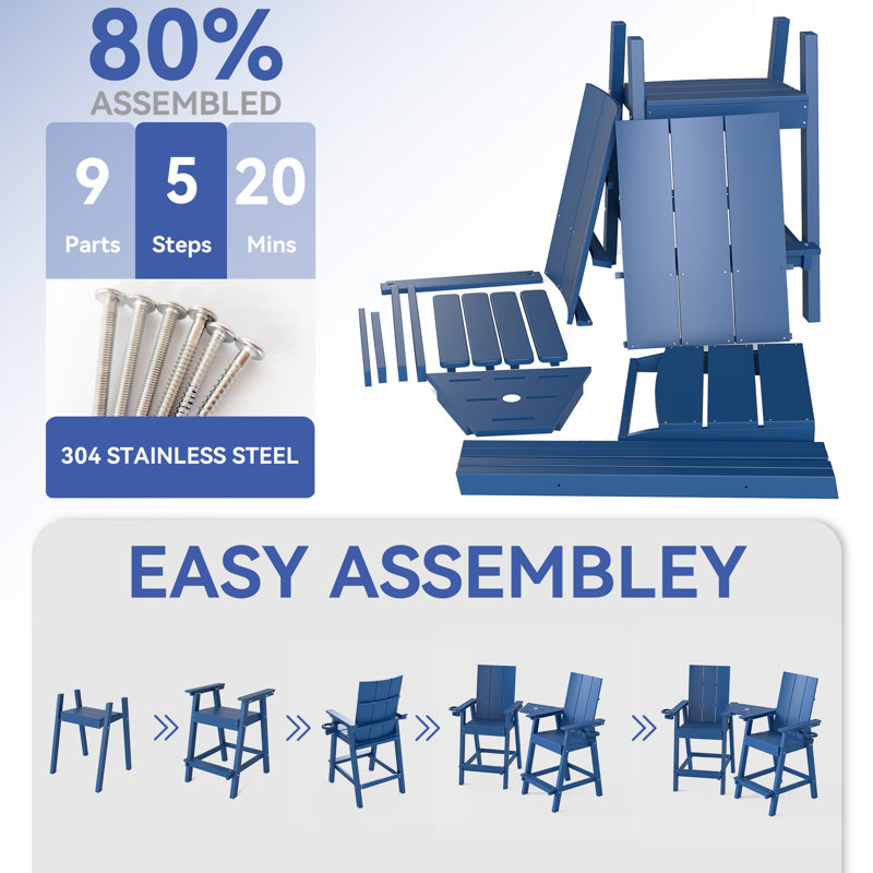 Chaises hautes Adirondack avec plateau de connexion Hdpe (ensemble de 2), Bleu marine