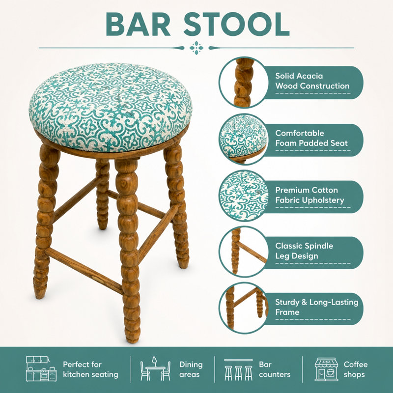 Tabouret de bar rembourré avec cadre en bois d'acacia massif Spindle, Vert, Tabouret de bar (hauteur d'assise de 29,5 po)