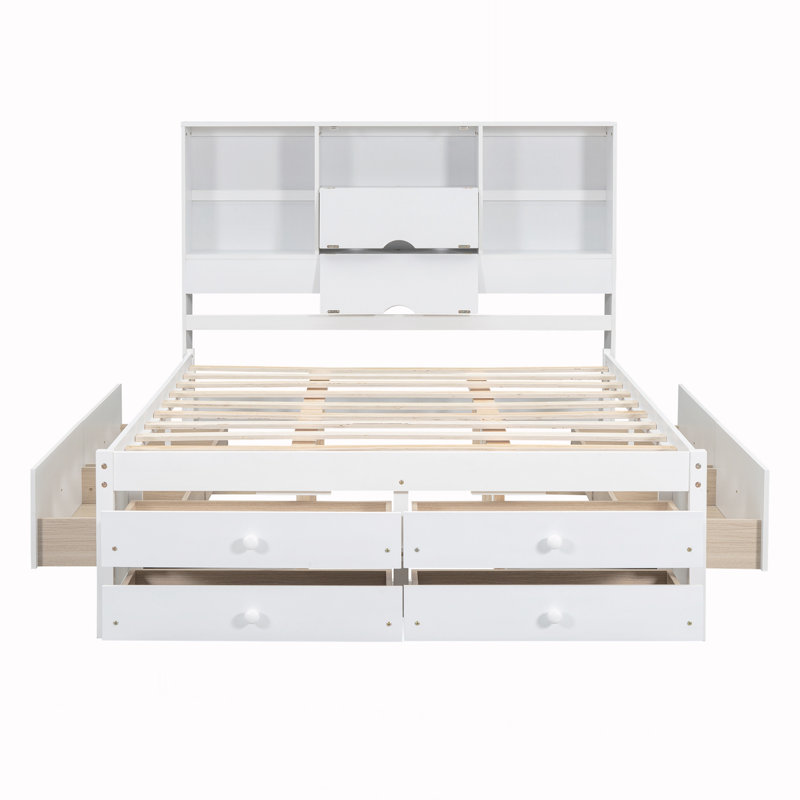 Grand lit plateforme avec tête de lit et rangement, Blanc, Grand lit