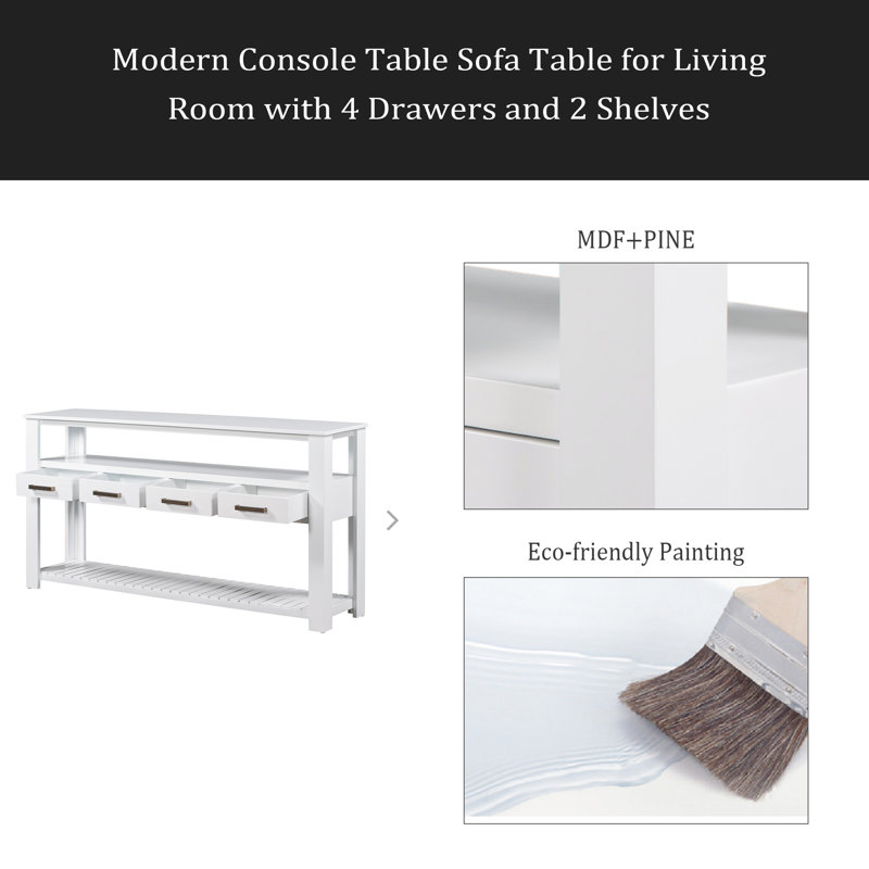 Console moderne pour salon avec 4 tiroirs et 2 tablettes, Blanc