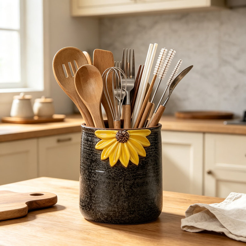 Porte-ustensiles en céramique avec relief en tournesol pour comptoir de cuisine, décor de vase de fleurs de ferme, glacis réactif, base en liège antidérapant, pot à usages multiples