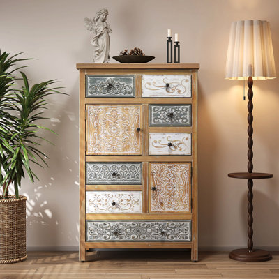 Armoire d'appoint vintage rétro en bois avec 7 tiroirs et 2 portes, coffre de rangement rustique multicolore sculpté pour le salon, la chambre à coucher, la salle de bain, décor de style maison de campagne (L 27,76 po x l 14,37 po x H 47,44 po)