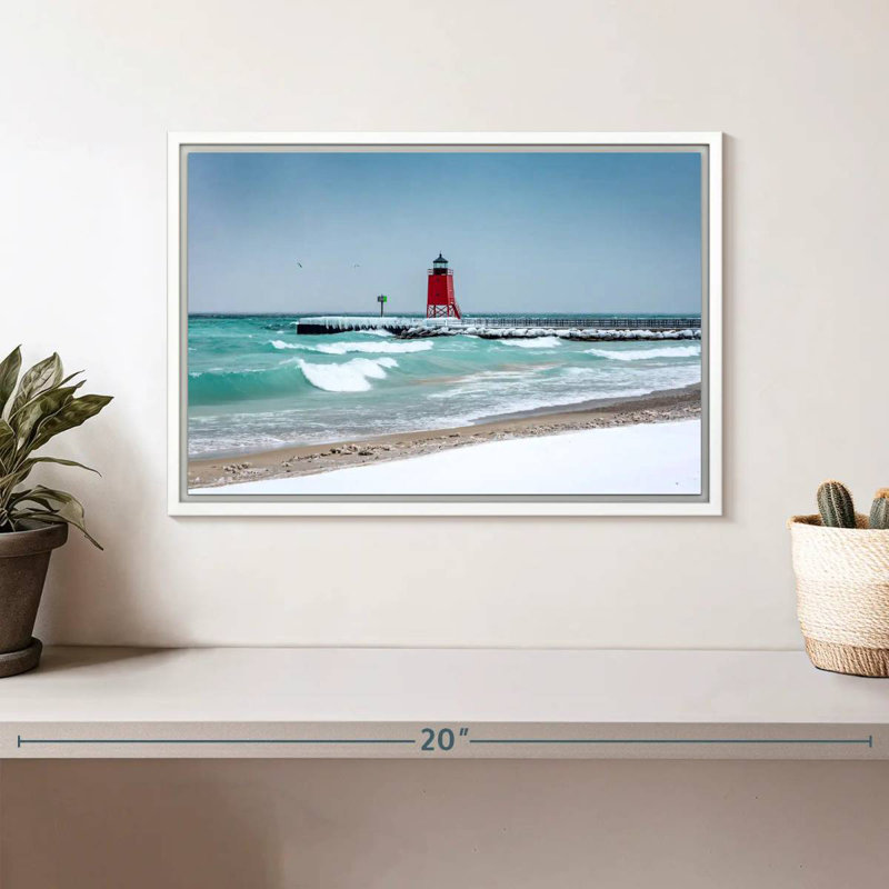 Charlevoix Lighthouse View, Floating Frame White, 13" X 9"