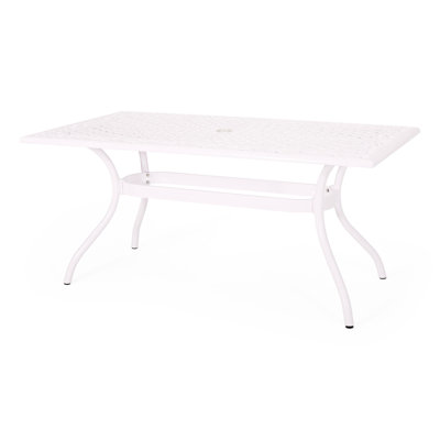 Rectangular Outdoor Table - Cast Aluminum Construction, Floral Design, Umbrella Slot, 65.33"X36.8"X29.78", White Dining Aluminum, Charming Ornament, Hole, 67" W X 37.5" D 29.78" H,