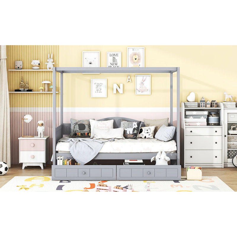 Lit simple à baldaquin gris, 2 tiroirs pour l'organisation, design moderne, pin massif, espace de rangement confortable et privé, construction, sommeil