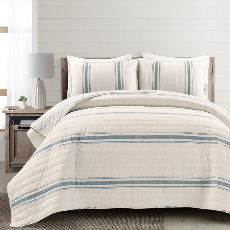 Gilroy Farmhouse / Country Cotton Striped Quilt, Full/Queen Quilt  + 2 Shams, Blue