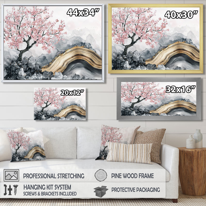 Marbre cerisiers en fleurs, poésie des pétales II - art mural cerisier en fleurs, H 28 po x l 60 po, Cadre flottant, Doré