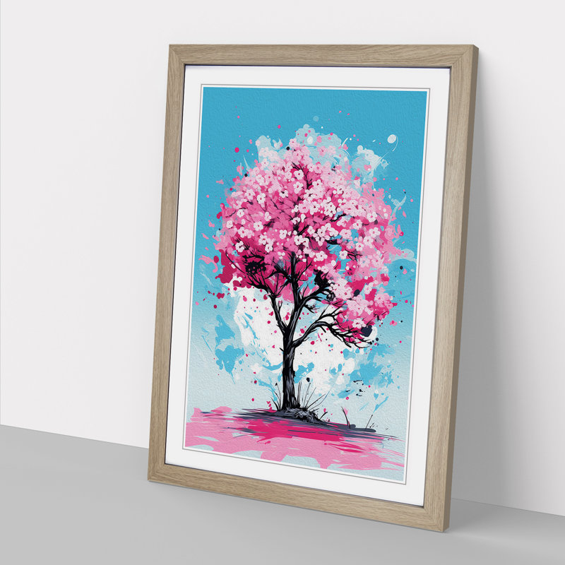 Cherry Blossom Tree Pop - Single Picture Frame Print on Wood, Oak Framed, 34cm H x 25cm W x 2cm D