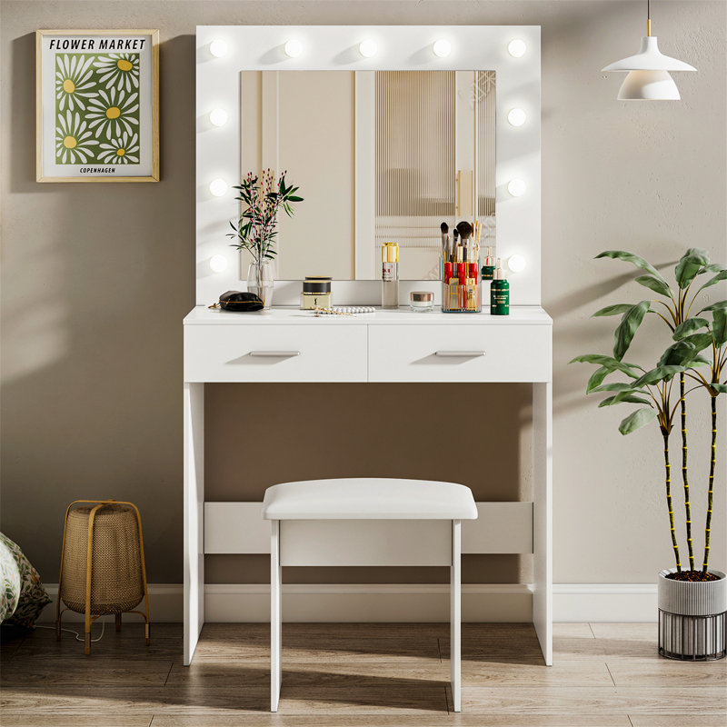 Ensemble de coiffeuse blanche avec miroir à lumières DEL Hollywood, coiffeuse, 2 grands tiroirs et tabouret
