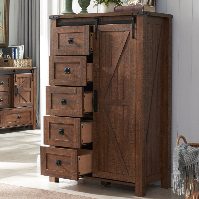 Charithra 5-Drawer Chest with Sliding Barn Door, Reclaimed Barnwood